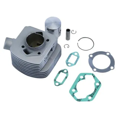 A set of engine cylinder components and gaskets laid out on a white background.