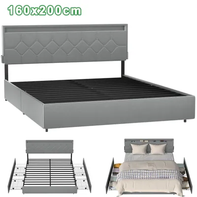 Produktbild von JOIEYOU Modernes Polsterbett mit 4 Schubladen & Kopfteil, Bettgestell 160x200 cm, Stauraumbett Schlafzimmer, Bett mit Stauraum Hellgrau