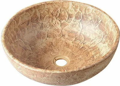 A round ceramic sink with a textured, leaf-like pattern in shades of brown and beige.