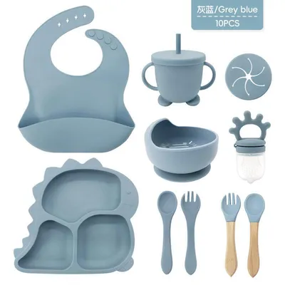 Produktbild von Kindergeschirr-Set, Kleinkind-Besteck, Silikonschüsseln, Teller, Lätzchen, Babynahrungstraining mit Trennwänden