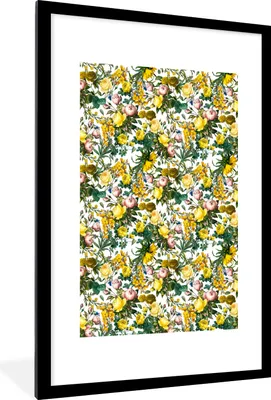 Produktbild von MuchoWow® MuchoWow® Gerahmtes Poster Pfingstrose - Gelb - Muster 60x90 cm - Poster mit zchwarzem Bilderrahmen - Dekoration - Wandposter Wohnzimmer - Hochwertig