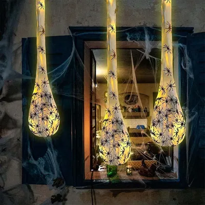 Productafbeelding van Hangende lichtgevende spinnen - Set van 3 - Eieren - 90 cm - Decoratie voor tuin - Gazon - Boom - Halloween decoratie