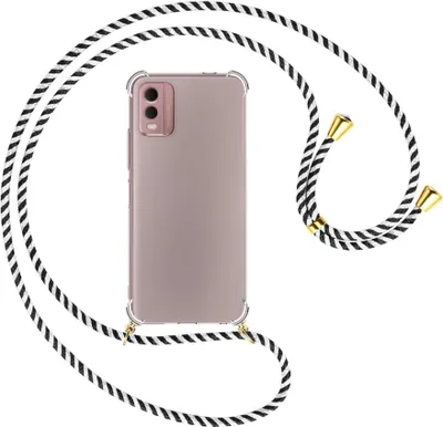 Produktbild von Handykette Backcover-Schutzhülle mit Band (Metall goldfarben) für Nokia C32 4G (6.5'') - schwarz/weiß gestreift