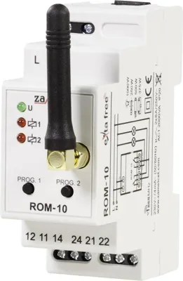 A white modular electronic device with an antenna, labeled 'ROM-10'.