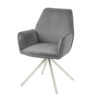 A single gray velvet armchair with a silver metal base is shown against a white background.