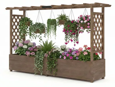 Immagine prodotto di KOMFOTTEU: Vaso da fiori con griglia per piante rampicanti e ripiano superiore, fioriera in legno con supporto per piante rampicanti, ideale per fiori, verdure, erbe aromatiche, piante rampicanti e cesti pensili. Aiuola rialzata per giardino, cortile e balcone, dimensioni 110 x 44 x 182 cm, Immagine generata dall'IA