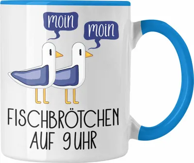Produktbild von Trendation - Fischbrötchen auf 9 Uhr Tasse Moin Moin Geschenk Nordsee Norderney Sylt Ferhmarn Spruch Möwen (Blau)