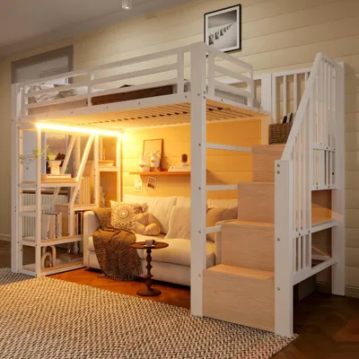Image de Lit superposé avec éclairage LED intégré, structure en fer, espace de rangement, barrière de sécurité et échelle, étagère, matelas non inclus, dimensions 90 x 200 cm, couleur blanche