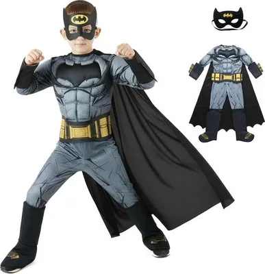 A child wearing a Batman costume, posing with fists up. A second, smaller image of the costume is shown in the upper right corner.