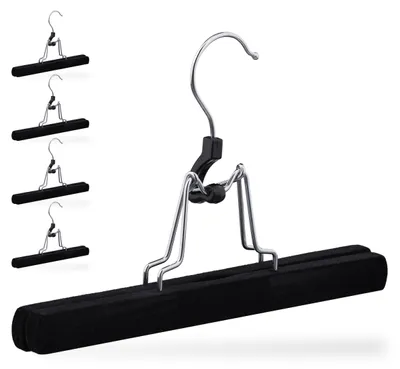 Immagine prodotto di Set da 5 grucce per pantaloni Relaxdays, in legno, con rivestimento in velluto delicato e antiscivolo, grucce per gonne, tendipantaloni, L: 25 cm, nero