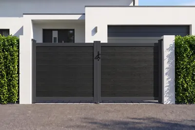 Produktbild von ATHOS 3 m H. 140 cm anthrazitgraues Massivholz-Schwingtor mit Aluminiumrahmen