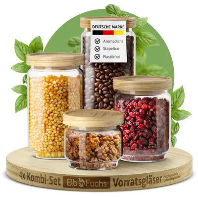 Produktbild von Ein Set aus Glasbehältern zur Aufbewahrung mit Holzdeckel – Luftdicht – in den Größen 300 ml, 500 ml, 700 ml und 1000 ml – aus Borosilikatglas