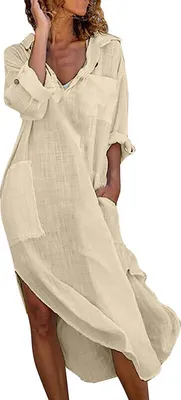 Produktbild von ASKSA Damen Elegant Kleider Einfarbig Lang Hemdkleid Midi Tunika Sommerkleider mit Taschen, Khaki, L