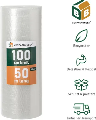 Produktbild von 4 x Luftpolsterfolie (1,0 x 50 m) 2-lagig 60 my Schutzfolie Noppen Versandfolie Polster Verpacken Knallfolie Transport BB-Verpackungen