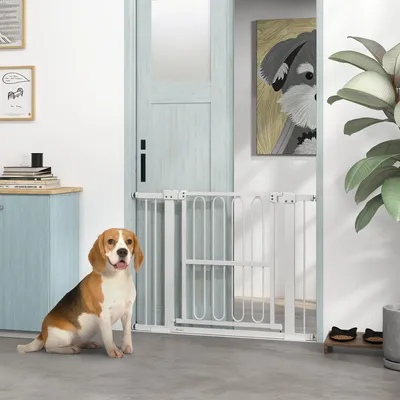 Produktbild von Türschutzgitter Hund ohne Bohren, Absperrgitter Treppengitter, Stahl, Weiß | 76 cm hoch | 76–104 cm Breite | Druck- & Bohrmontage | Einhandbedienung