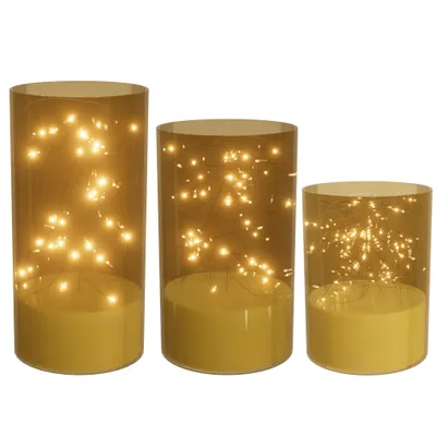 Obrázek produktu pro JOIEYOU Sada 3 LED svíček bez plamene s akrylovými kalíšky, dálkové ovládání a funkce časovače Teplé bílé svíčky pro Vánoce, Halloween, svatbu, párty (LED vlákno, zlatá)