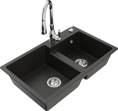 Produktbild von Mexen Tomas 2-Becken-Granitspüle mit Mischbatterie Savita, Schwarz/Gold metallisch - 6516-75-672601-00