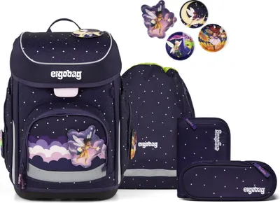 A set of school bags and accessories with a fairy theme.