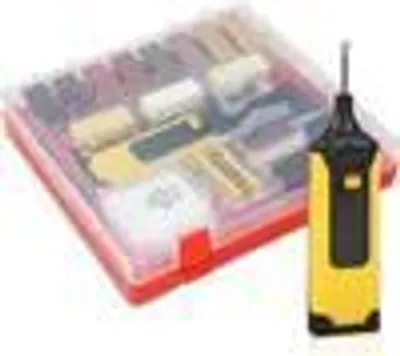 Produktbild von Holzreparaturset mit Wachsschmelzfunktion, 17-teilig, inkl. 11 Hartwachsstifte, Reinigungsschaber, Spatel, Schleifschwamm, Reinigungstuch, Batterien - Für Holz, Laminat, Parkett, Fliesen, Möbel, Türen, Fens