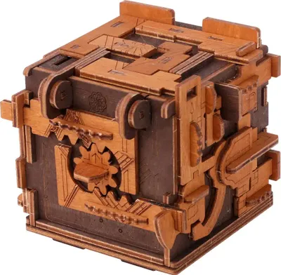 A 3D wooden puzzle box with intricate mechanical details.