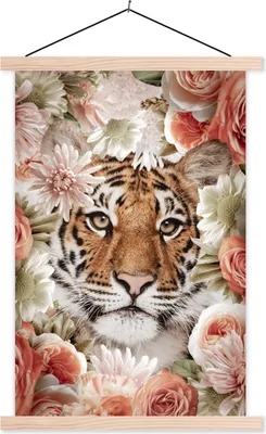 Produktbild von MuchoWow® Textilposter Tiger - Blumen - Porträt 120x180 cm mit holzfarbenen Rahmen - Textil-Plakat