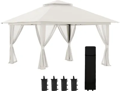 Produktbild von Outsunny Faltpavillon ca. 4 x 4 m, Pavillon mit 4 Netzvorhängen, höhenverstellbarer Gartenpavillon mit UV-Schutz, Pop Up Pavillon mit Doppeldach, Tragetasche, Cremeweiß