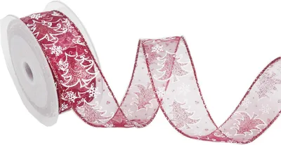 Produktbild von Organzaband mit Glitzer-Tannenbäumen - 40mm - 10m - Bordeaux/Weiß - 93110-40-10-38
