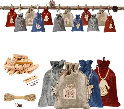 Zdjęcie produktu dla 24 Advent Calendar for Filling Bags DIY Christmas Drawstring Gift Bag with Clips and Hemp Rope for Christmas Decoration Party Favor