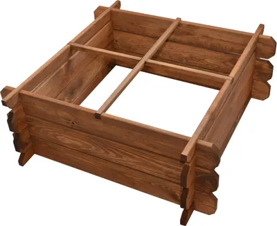 A wooden planter box with internal dividers, shown on a white background.