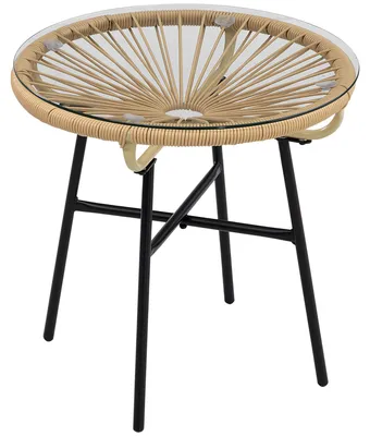 Zdjęcie produktu dla Stolik ogrodowy w stylu boho, PE-Rattan, hartowane szkło, odporny na warunki atmosferyczne, 50 cm x 50 cm x 50 cm, Beżowy