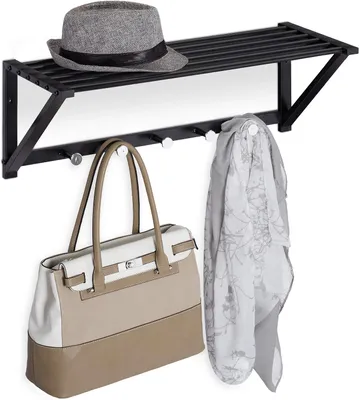 Produktbild von Wandhaken mit Ablage – Hakenleiste mit 5 Haken – Für Flur und Badezimmer – Modern – Metall – 23 x 65 x 25 cm – Schwarz