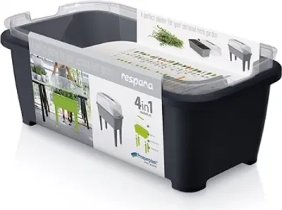 A product package for a RESPANA PLANTER SET, showing the product in different configurations and with herbs.