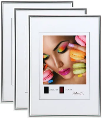 A product image showcasing multiple picture frames with a lifestyle image of a woman and macarons in the center frame.