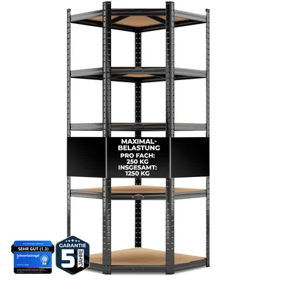 Produktbild von ALL Premium Schwerlastregal Eckregal Schwarz 180x70x40 cm – 1250 kg Traglast, extra stabil, ohne Schrauben montierbar, platzsparend für Garage & Werks