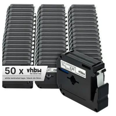Produktbild von vhbw 50x Schriftband-Kassette kompatibel mit Brother P-Touch 80SCCP, BB4, 90, 70SR, H100, 80, H110, 85 Etiketten-Drucker 8m x 9mm Schwarz auf Weiß