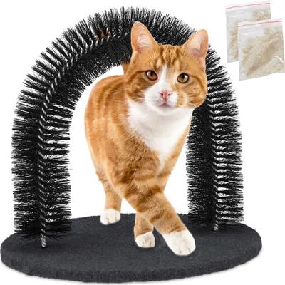 Produktbild von Relaxdays Enthaarungsbogen Katze, rund, mit Katzenminze, HxBxT: 34 x 36 x 28,5 cm, Fellpflegebogen mit Borsten, schwarz