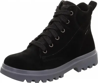 A black lace-up boot with a gray sole is shown against a white background.