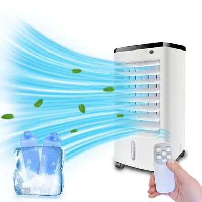 An air cooler with blue air currents and green leaves radiating from it, with ice packs in the foreground and a remote control being held by a hand in the foreground right.