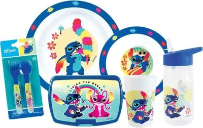 Zdjęcie produktu dla Zestaw Naczyń Dziecięcych Lilo i Stitch, Talerz Ø22 cm, Talerz Ø16 cm, Bidon 350 ml, Lunchbox, Kubek 220 ml, Sztućce