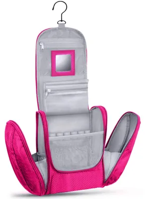 Produktbild von KRONIFY Große Kosmetiktasche zum Aufhängen mit Spiegel | Kosmetiktasche für Männer und Frauen | Kosmetiktasche für Frauen | geräumige Waschtasche mit Haken, Rosa., XXL, Casual – Rosa L