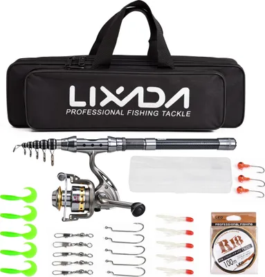 Produktbild von Lixada Teleskop Angelrute und Spule Combo Full Kit Spinning Angelrolle Gang Organizer Pole Set mit 100M Angelschnur Koeder Haken Jigkopf und Fischen Tragetasche Fall Angelzubehoer
