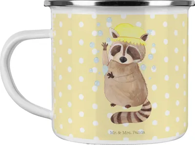 Produktbild von Mr. & Mrs. Panda Emaille Tasse Waschbär - Gelb Pastell - Geschenk, Tagträumen, Haferl, Plan, Teetasse, Fröhlich, Waschen, Lustige Sprüche, Seifenblasen, Becher, Pott