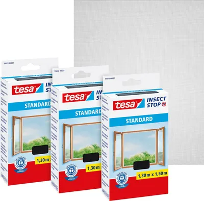 Produktbild von tesa 3x Insektenschutz Standard Fliegengitter Fenster ohne Bohren grau 1,3x1,5 m