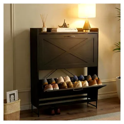 Produktbild von Schmaler Schuhschrank mit 2 Klappen, verstellbarem Schuhregal, platzsparende Schuhablage für Flur, Schuhaufbewahrung 80 x 24 x 101 cm, für 12–16 Paar Schuhe, Schwarz