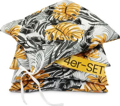 Produktbild von Amilian Stuhlkissen 4er set 40x40 mit Band - Sitzkissen Outdoor Indoor - Sitzkissen 40x40 - Sitzpolster Outdoor - Sitzpolster Outdoor / Monstera Senf