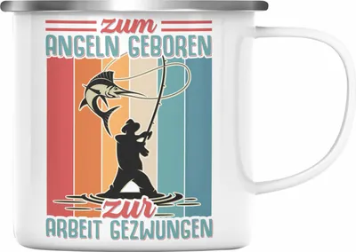 Produktbild von Trendation - Angler Fischer Emaille Tasse zum Angeln Geboren Geschenk Raubfische Hobbyangler Angeln Emaille Emaille Tasse Zubehör (Silber)