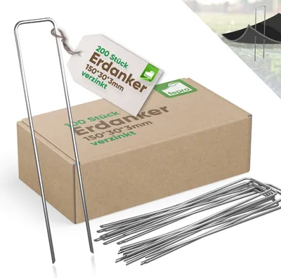 Produktbild von Fepro® 200x Erdanker verzinkter Stahl 150mm x 30mm Ø 2,7mm Unkrautvlies Gartenvlies Erdnägel Zeltanker Heringe Bodenanker Trampolin Zaun Garten Zelthering Kunstrasen