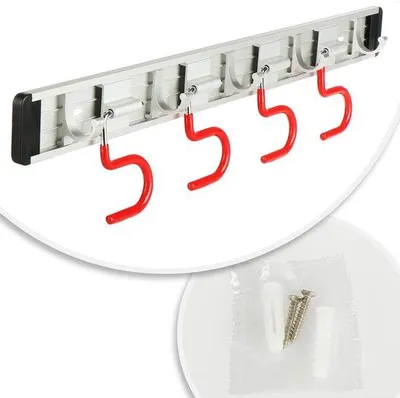 Productafbeelding van Unyqoos® Wandhouder voor gereedschap – 4 klemmen en 5 haken, metaal/kunststof, ruimtebesparende wandopslag voor werkplaats, tuin en huishouden, te monteren met 2 schroeven