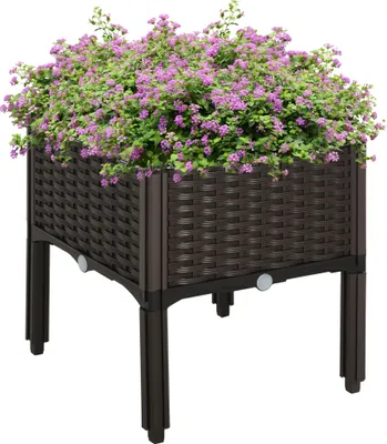 Produktbild von Outsunny Hochbeet, Pflanzkasten mit Abflusslöchern, Blumenkasten im Rattan-Look, Kunststoff, Braun, 40 x 40 x 44 cm