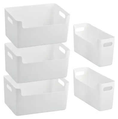 Image de Lot de 5 boîtes de rangement blanches en plastique, paniers de rangement avec poignées, paniers de rangement, organiseurs en plastique, boîtes de rangement pour la salle de bains